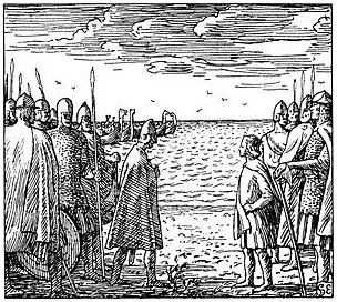 Harthnacnut meeting King Magnus. Illustration by Halfdan Egedius
