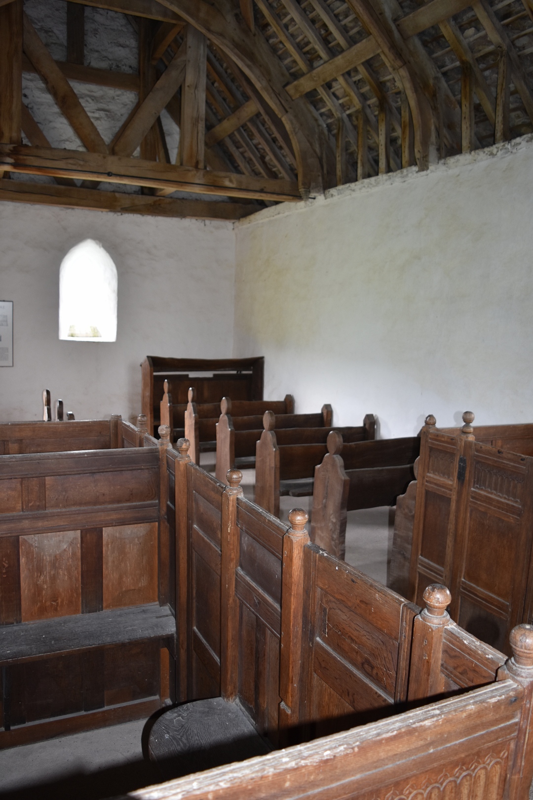 View from the Pulpit in Langley Chapel showing the Box Pews, Benches, and Music Stand © essentially-england.com