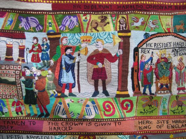 Harold takes the crown. The modern Bayeux tapestry by Annette Banks. © essentially-england.com