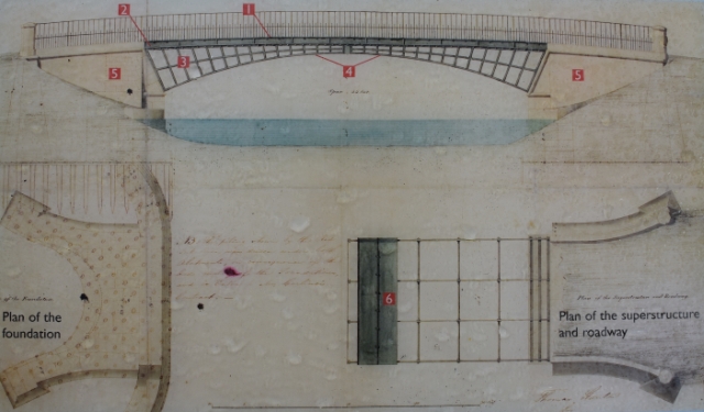 structural plan of cound cast iron bridge which has been relocated and now used a a footbridge in telford.