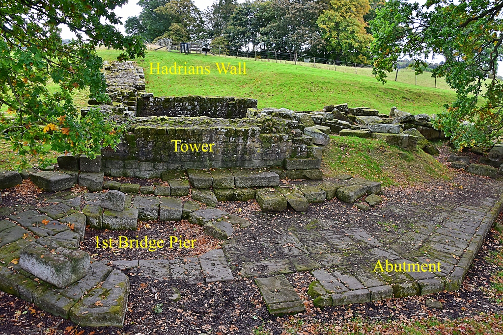 Chesters Roman Bridge Eastern Abutment and Tower Base with Hadrians Wall Disappearing in the Distance © essentially-england.com