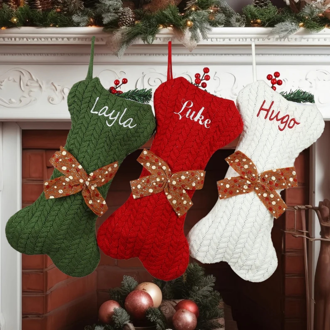 Personalised Christmas Bone
Shaped Knitted Stockings | etsy.co.uk.com