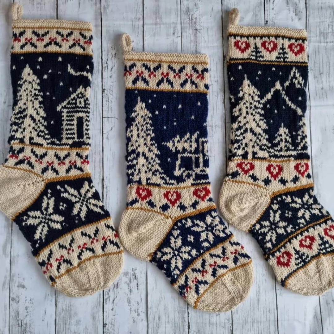 Traditional Log Cabin Hand Knitted Christmas Stockings | etsy.co.uk