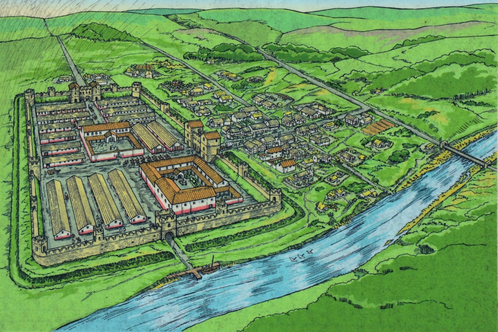 Artists Impression of Piercebridge Roman Fort, Bridge, and Dere Street (from English Heritage information board)