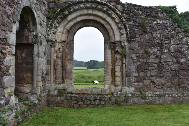 The highly decorated Procession Doorway from the cloister into the church of Haughmond Abbey in Shropshire.