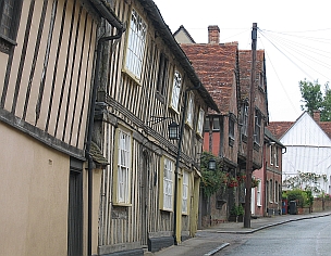 Street of crooked medieval houses in Lavenham © essentially-england.com