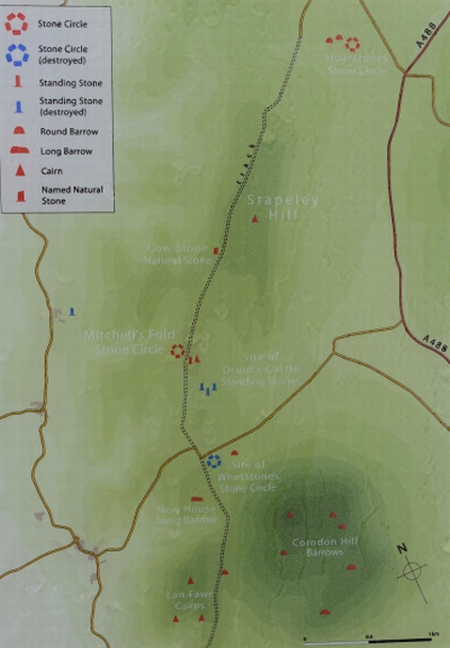 Map of Area Around Mitchell's Fold Stone Circle showing a number of other prehistorical sites.