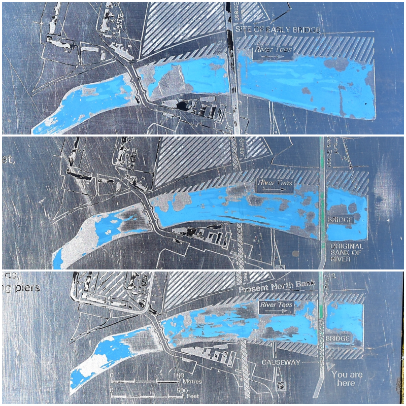 Collage Showing Wooden and Stone Bridge Positions as River Tees Alters Course (taken from English Heritage information board) © essentially-england.com