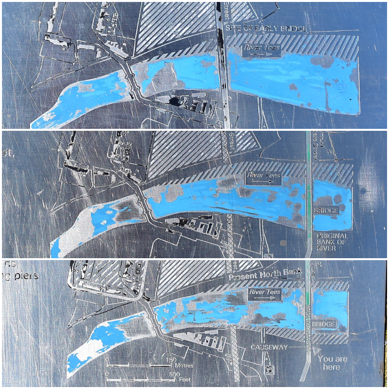 Collage Showing Wooden and Stone Bridge Positions as River Tees Alters Course (taken from English Heritage information board)