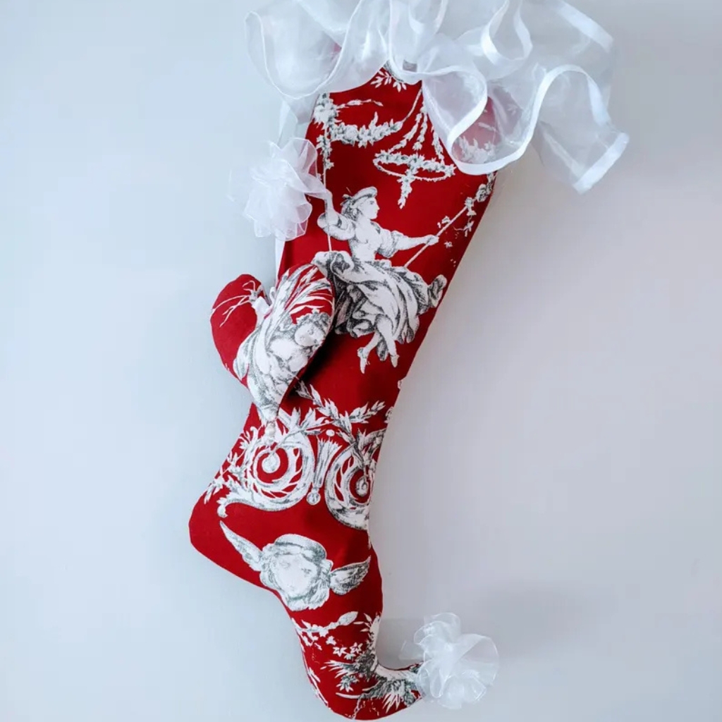 Red Toile Christmas Stocking © BellaLinens | etsy.com