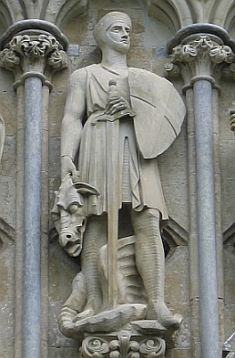 St George, patron saint of England, statue on Salisbury Cathedral © essentially-england.com