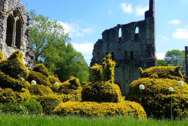 animal shaped topiary in the cloister of wenlock priory, shropshire