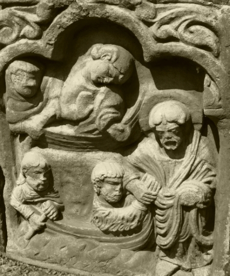 a replica tile on the edge of the lavabo at wenlock priory showing Christ calling to the apostles out on the sea of galilee