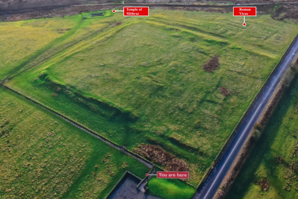Aerial Photo of Carrawburgh Fort and Temple of Mithras (Photo taken of English Heritage information Board)