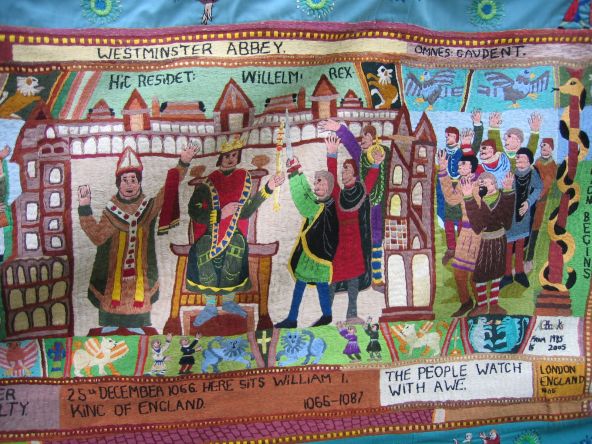 William is crowned King of England. The modern Bayeux tapestry by Annette Banks. &copy; essentially-england.com
