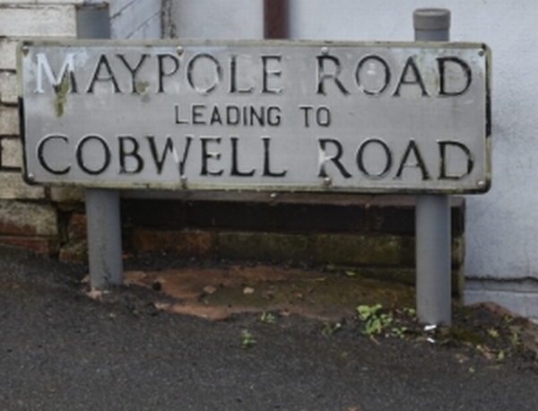 the road sign for cobwell road among the broseley jitties, shropshire. its was a tough return walk when carrying your water.