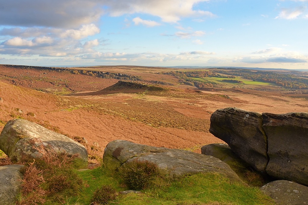 View of Carl Wark Hillfort, Burbage South Edge, and Longshaw Estate from Higger Tor