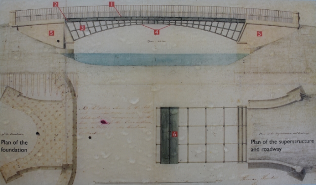 Structural plan of Cound cast iron bridge which has been relocated and now used a a footbridge in Telford (Photo from English Heritage information board). © essentially-england.com