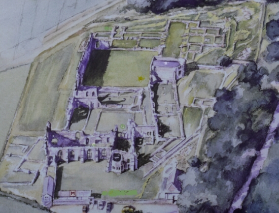 Artist impression of the Haughmond Abbey site in Shropshire. Plan of the Haughmond Abbey Site (Taken from English Heritage Information Board) © essentially-england.com