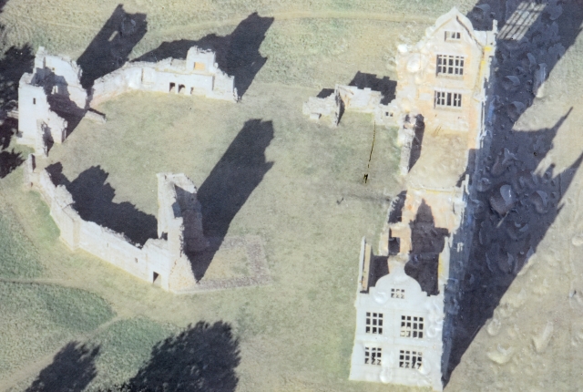 ariel view of moreton corbet castle photographed from an english heritage information board.