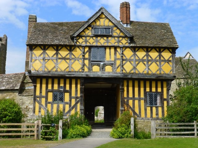 the coulourful gatehouse at Stokesay Castle in shropshire, probably englands finest fortified medieval manor house